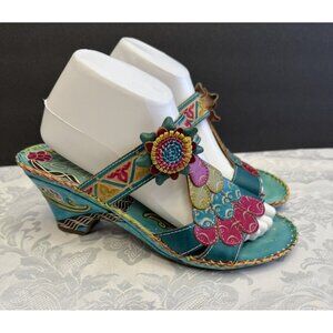 Elite By Corkys‎ Navajo Floral Wedge Sandal Size 9 Leather Comfort Pink Blue